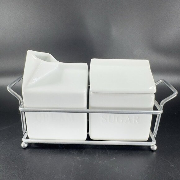 Denmark Sugar And Creamer Set 2 Vitrified Porcelain White Ceramic W Metal Rack - Picture 8 of 11